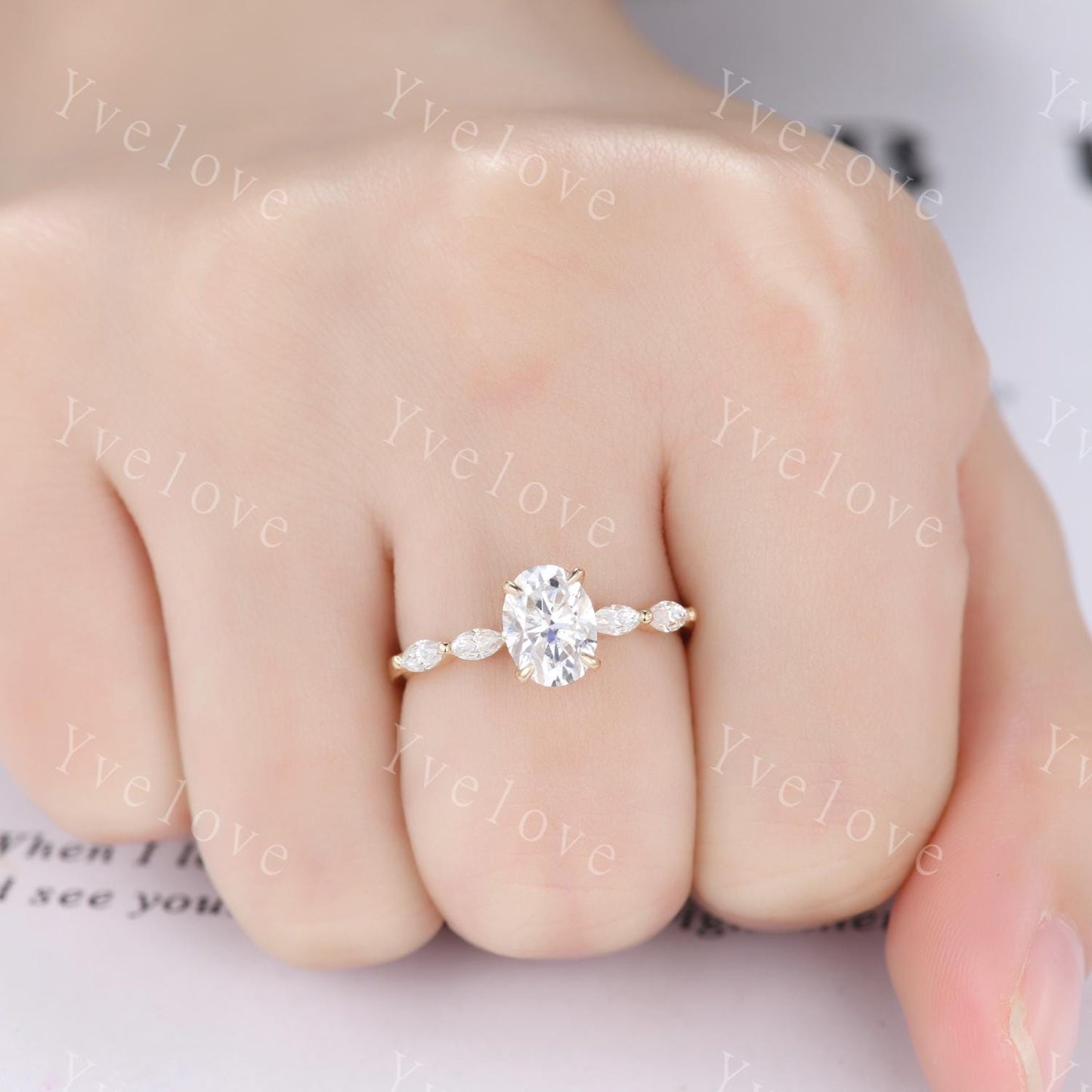 Oval moissanite engagement ring art deco moissanite wedding band women 14k yellow gold bridal ring anniversary gift custom jewelry for  her