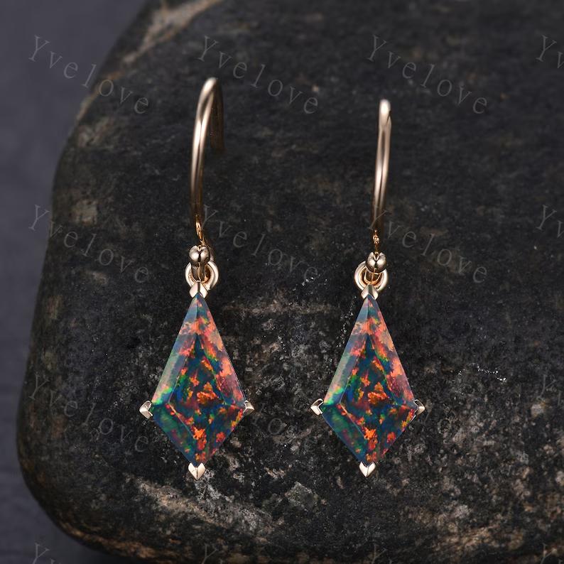 Vintage Kite cut black fire opal earrings opal gemstone jewelry unique earrings women art deco opal earring best friend gift Birthday Gift