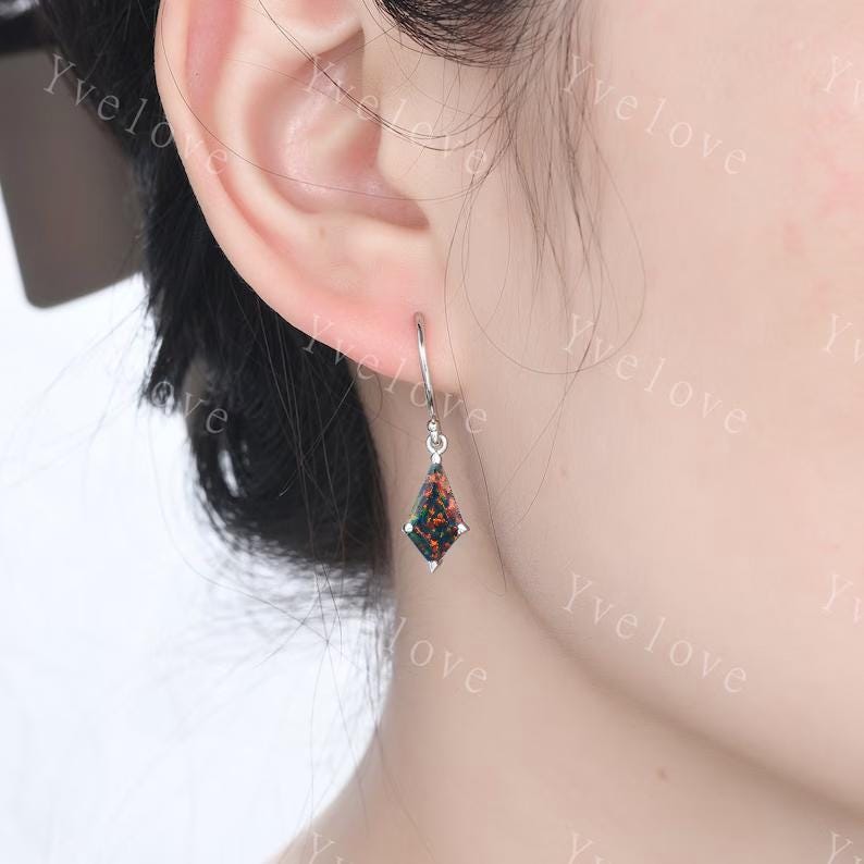 Vintage Kite cut black fire opal earrings opal gemstone jewelry unique earrings women art deco opal earring best friend gift Birthday Gift