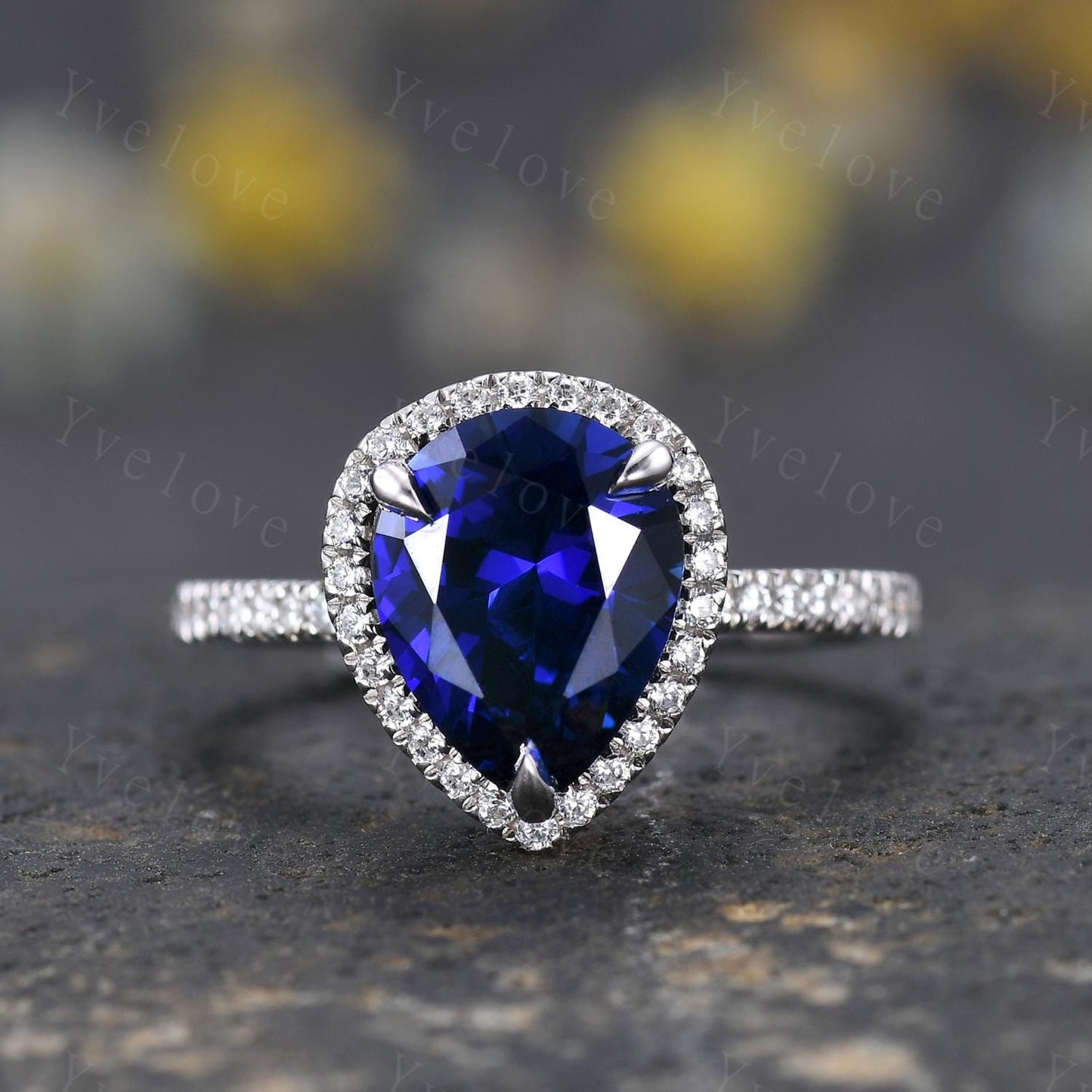 Vintage pear cut blue sapphire ring,tear drop sapphire ring  white gold ring September birthstone wedding band anniversary gift promise ring
