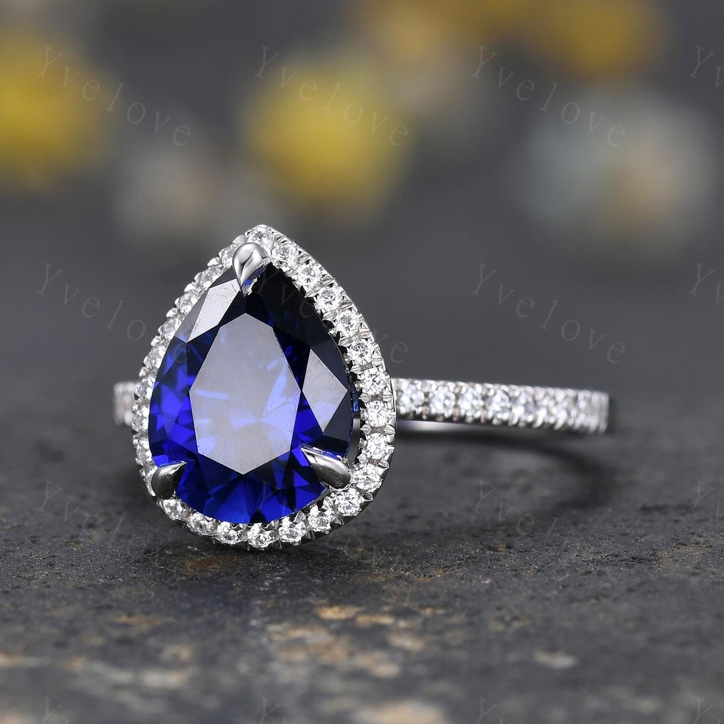Vintage pear cut blue sapphire ring,tear drop sapphire ring  white gold ring September birthstone wedding band anniversary gift promise ring