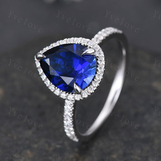 Vintage pear cut blue sapphire ring,tear drop sapphire ring  white gold ring September birthstone wedding band anniversary gift promise ring