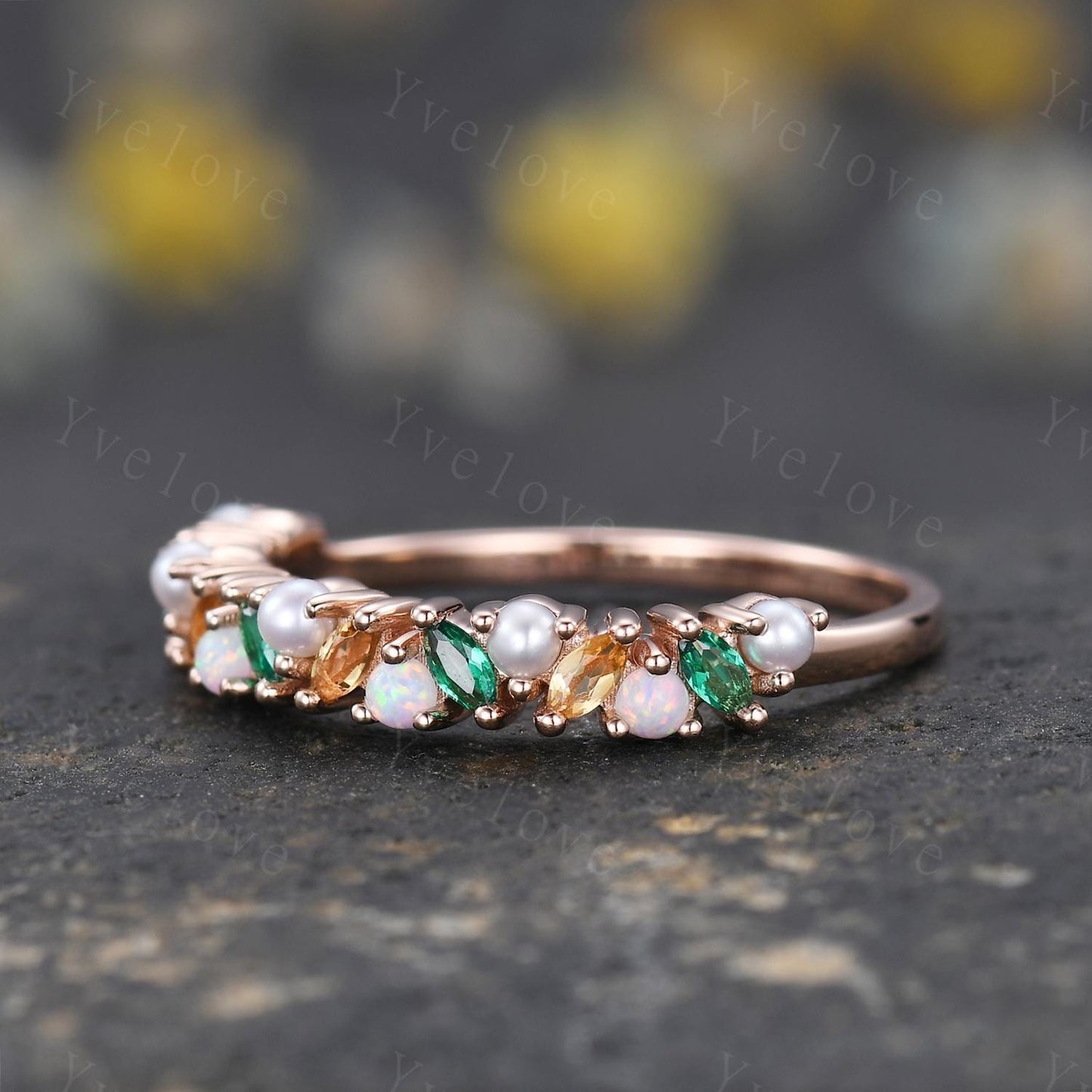 Emerald citrine wedding band art deco opal ring pearl ring gold ring marquise gems promise bridal stacking matching band birthstone gift