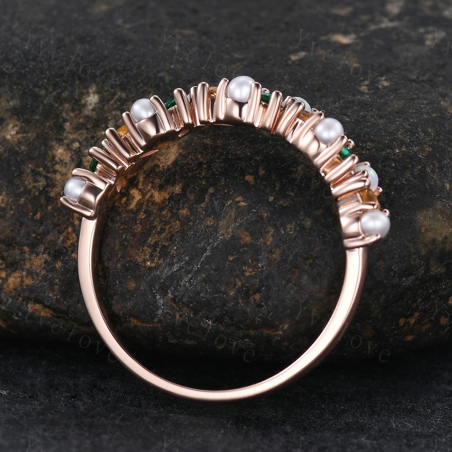 Emerald citrine wedding band art deco opal ring pearl ring gold ring marquise gems promise bridal stacking matching band birthstone gift