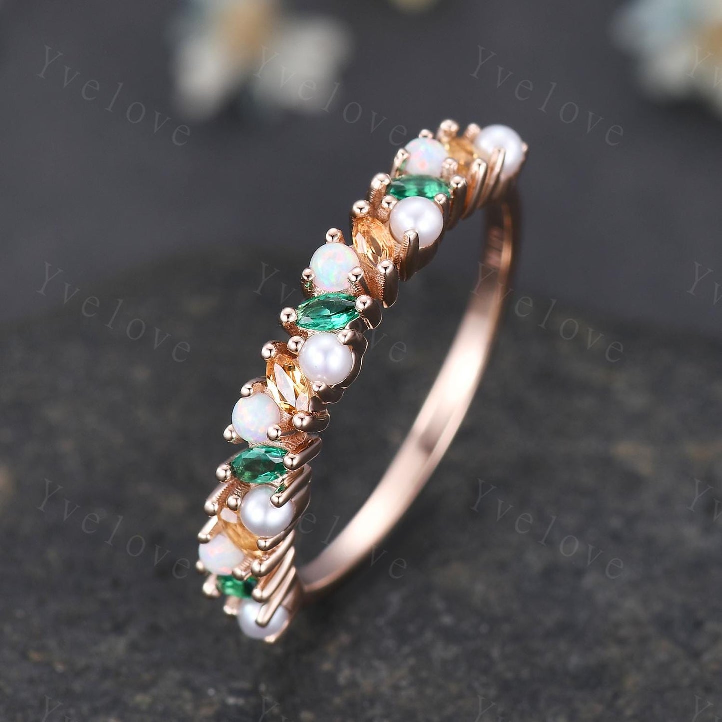 Emerald citrine wedding band art deco opal ring pearl ring gold ring marquise gems promise bridal stacking matching band birthstone gift