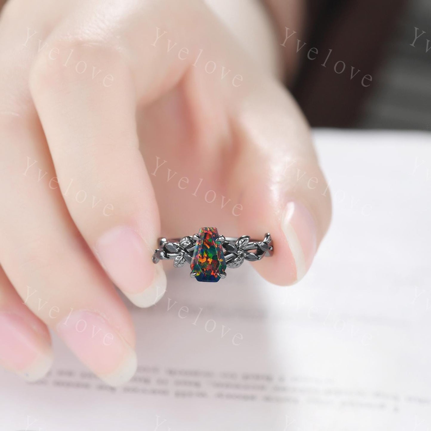 Coffin Shape Black Fire Opal Ring,Gothic Twig Vine Leaf Ring,Antique Black Spinel Bridal Promise Ring Set Nature Inspired Black Gold band