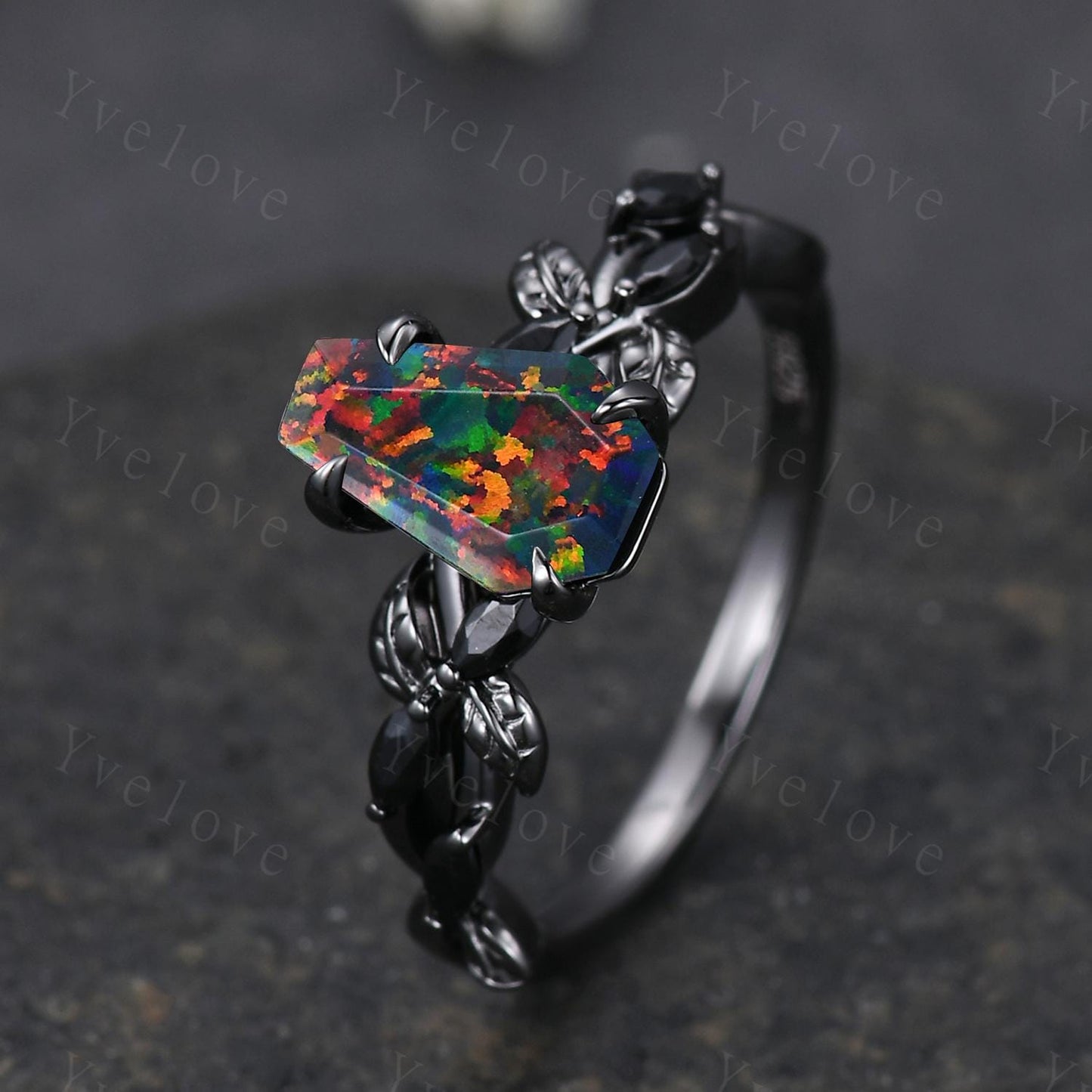 Coffin Shape Black Fire Opal Ring,Gothic Twig Vine Leaf Ring,Antique Black Spinel Bridal Promise Ring Set Nature Inspired Black Gold band