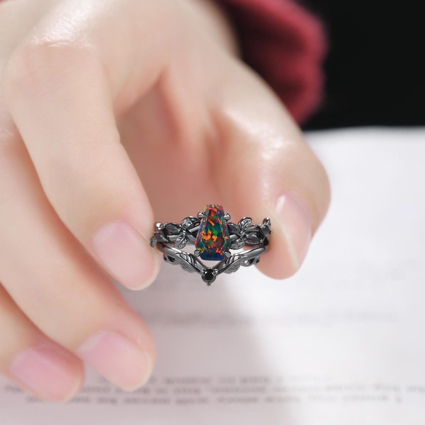 Coffin Shape Black Fire Opal Ring,Gothic Twig Vine Leaf Ring,Antique Black Spinel Bridal Promise Ring Set Nature Inspired Black Gold band