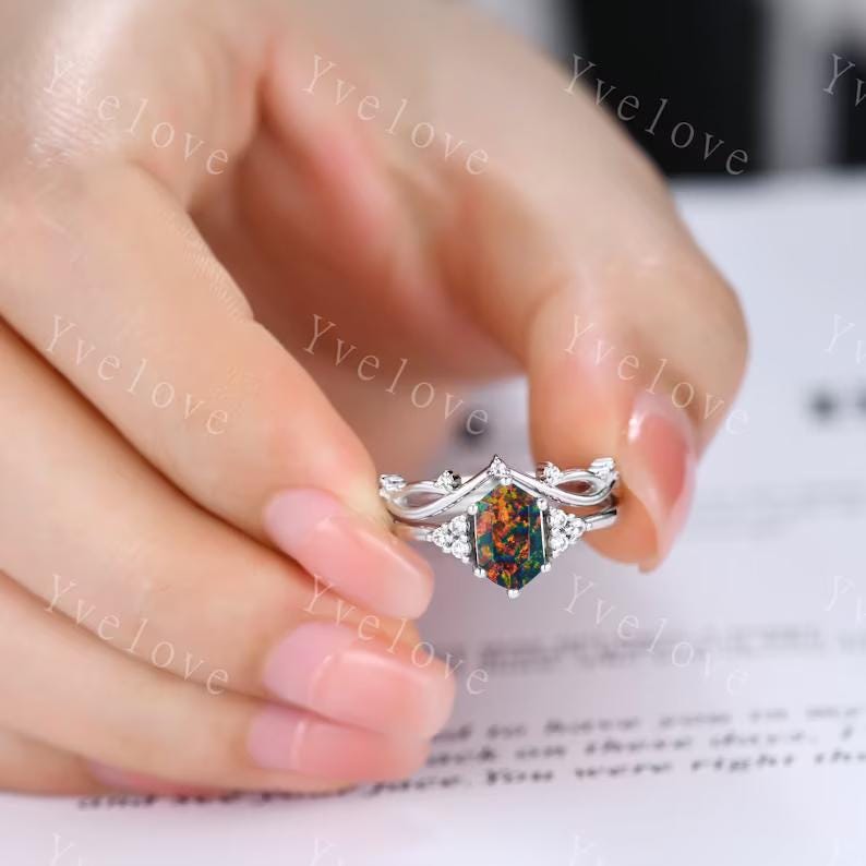 Retro Hexagon Black Fire Opal Ring,Vintage Sterling Silver Ring Set,Unique Opal Engagement Ring,Promise Ring,Anniversary Ring Gift For Her