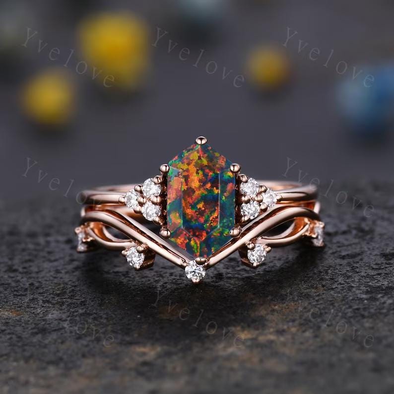 Retro Hexagon Black Fire Opal Ring,Vintage Sterling Silver Ring Set,Unique Opal Engagement Ring,Promise Ring,Anniversary Ring Gift For Her
