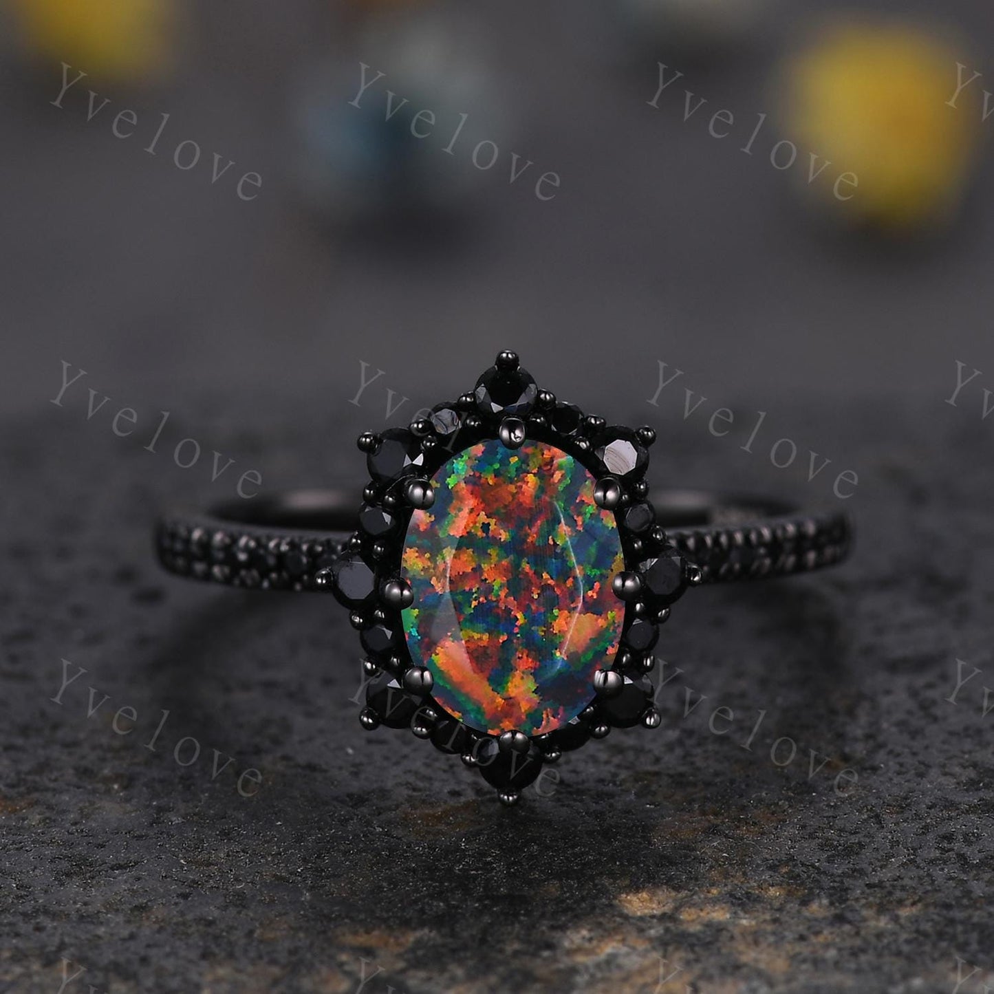 Gothic Oval Shape Black Fire Opal Engagement Ring Set,Black Gold Black Diamond Promise Ring Unique Rhodium Black Witchy Ring Bridal Set Gift