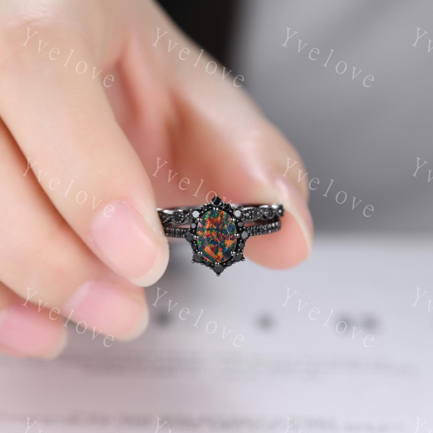 Gothic Oval Shape Black Fire Opal Engagement Ring Set,Black Gold Black Diamond Promise Ring Unique Rhodium Black Witchy Ring Bridal Set Gift