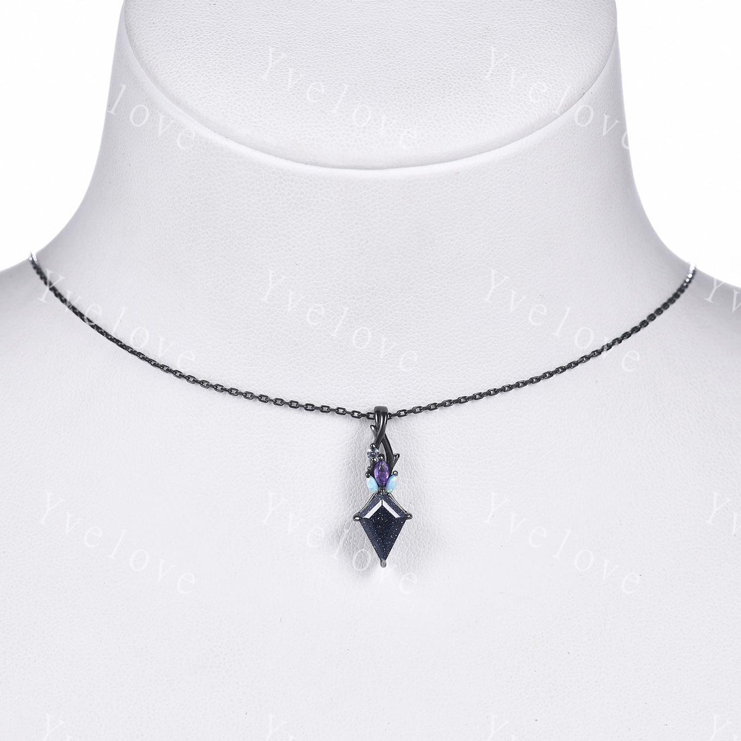 Vintage unique blue sandstone opal necklace solid 14k black gold Personalized pendant for women birthday gemstone anniversary bridal gift