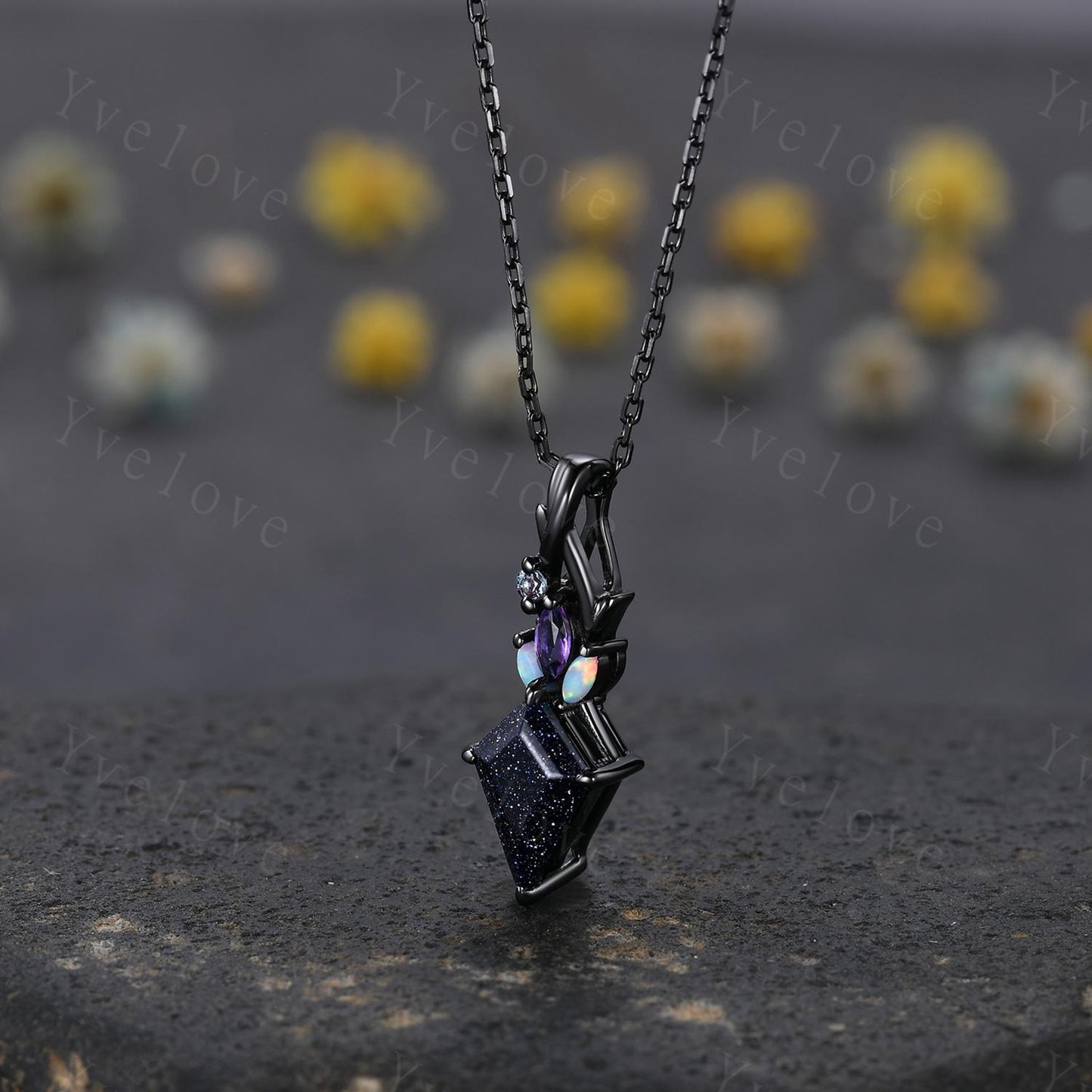 Vintage unique blue sandstone opal necklace solid 14k black gold Personalized pendant for women birthday gemstone anniversary bridal gift