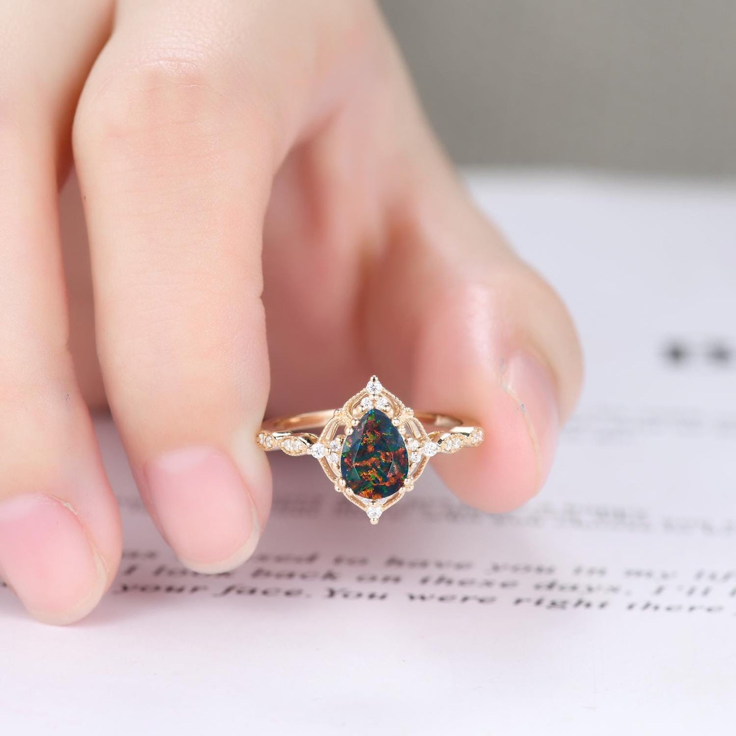 Vintage Black Fire Opal Engagement Ring Set,Pear Black Opal Ring,14K Solid Gold Ring,Unique Women Moissanite Promise Ring For Her,Handmade