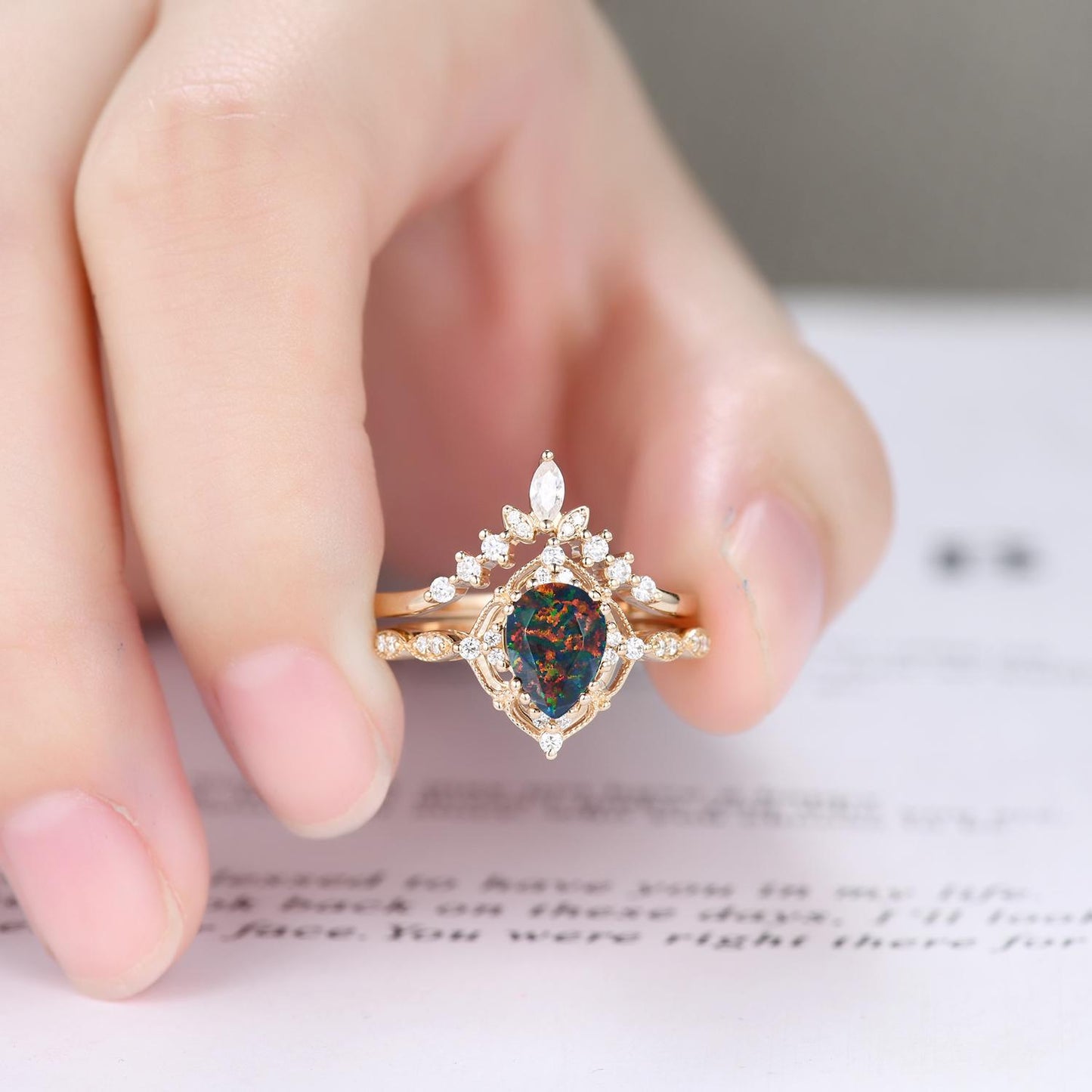 Vintage Black Fire Opal Engagement Ring Set,Pear Black Opal Ring,14K Solid Gold Ring,Unique Women Moissanite Promise Ring For Her,Handmade