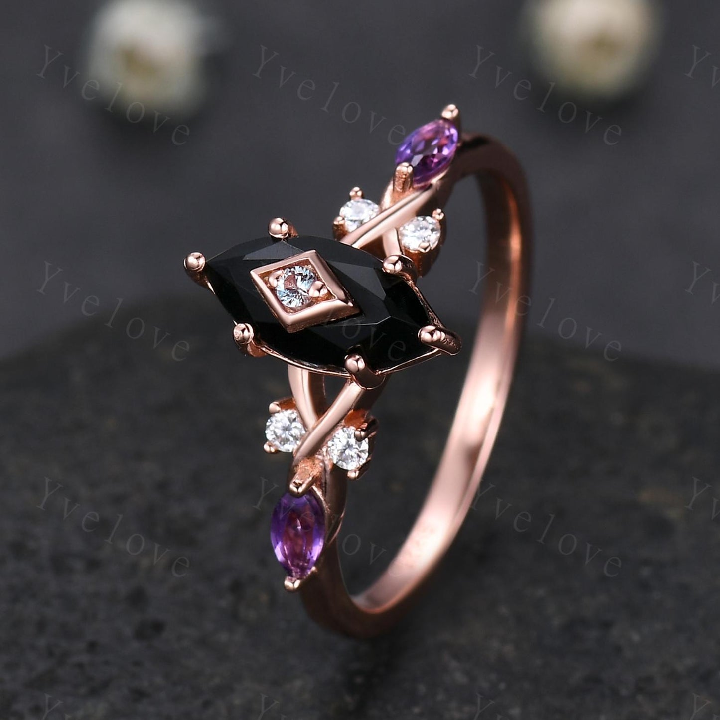 Vintage Marquise Black Onyx Engagement Ring Set Rose Gold Unique Amethyst Diamond Ring Antique Bridal Ring Set Promise Anniversary Gift Ring