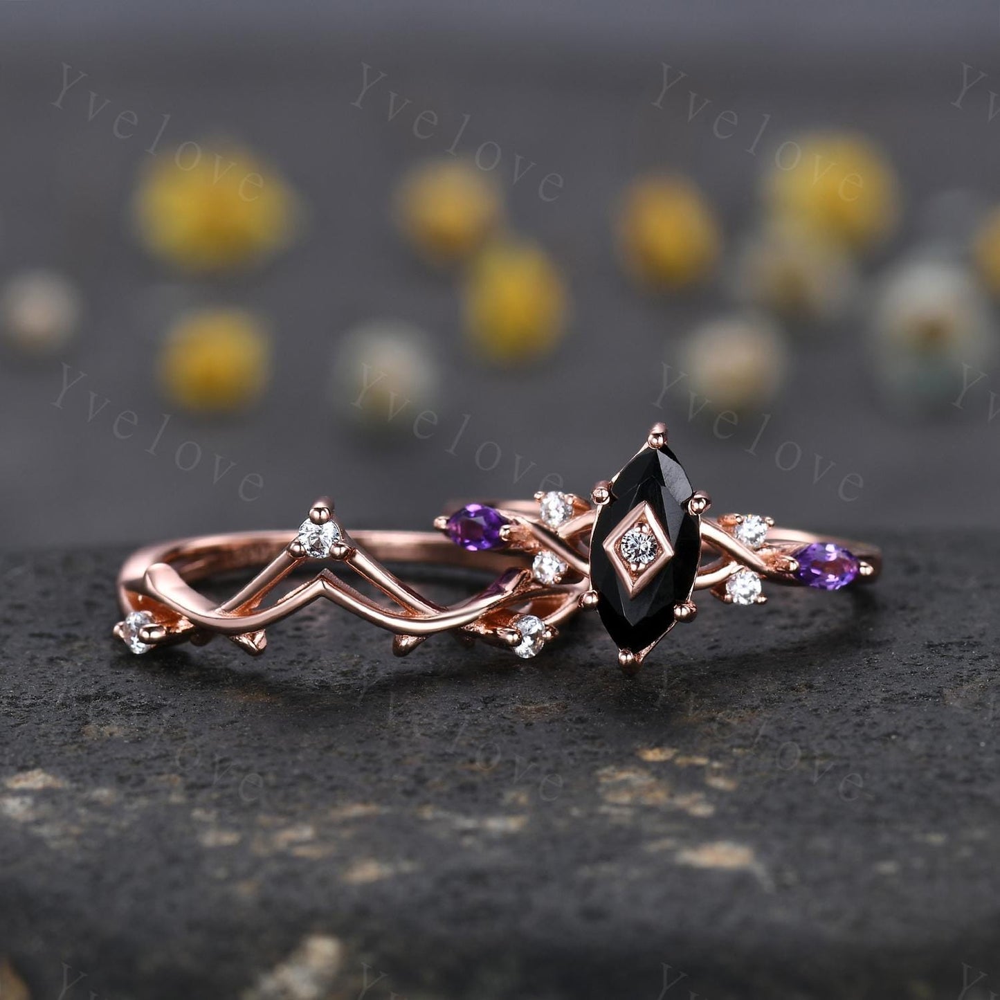 Vintage Marquise Black Onyx Engagement Ring Rose Gold Unique Amethyst Diamond Ring Onyx Ring Antique Bridal Promise Anniversary Gift Ring