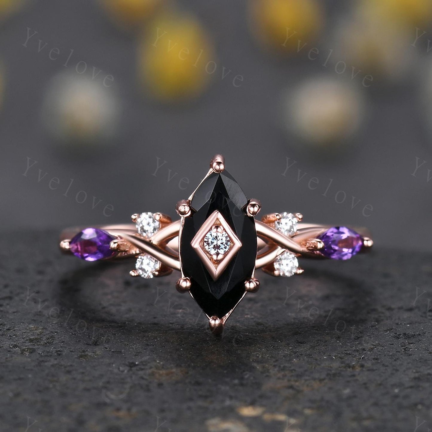 Vintage Marquise Black Onyx Engagement Ring Set Rose Gold Unique Amethyst Diamond Ring Antique Bridal Ring Set Promise Anniversary Gift Ring