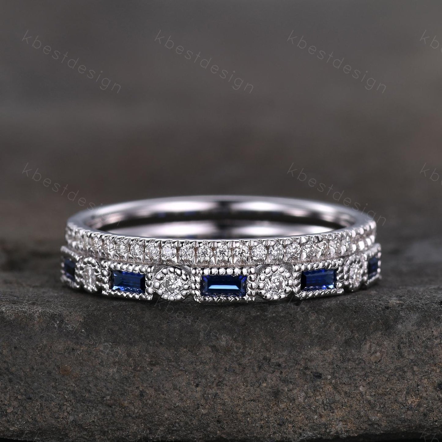 Vintage Blue Sapphire wedding band women Baguette cut Half eternity band White gold band Unique Moissanite Stacking bridal promise ring