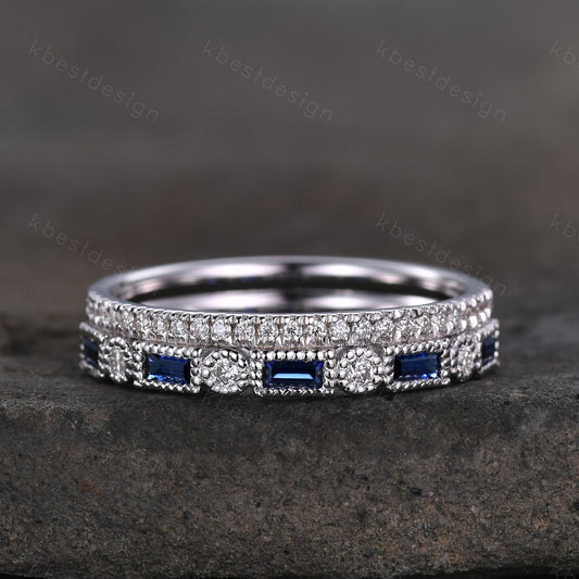 Vintage Blue Sapphire wedding band women Baguette cut Half eternity band White gold band Unique Moissanite Stacking bridal promise ring