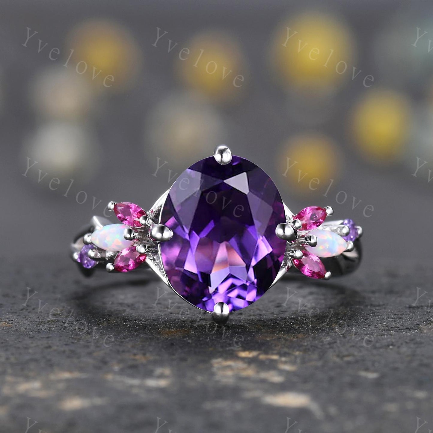 9x11mm Oval Amethyst Engagement Ring,14K White Gold,Vintage Vines Red Ruby Opal Ring,Women Bridal Ring,Unique Twig Anniversary Promise Gift