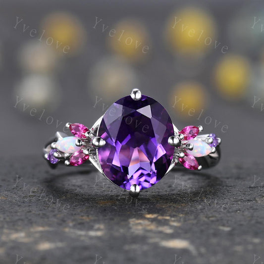 9x11mm Oval Amethyst Engagement Ring,14K White Gold,Vintage Vines Red Ruby Opal Ring,Women Bridal Ring,Unique Twig Anniversary Promise Gift