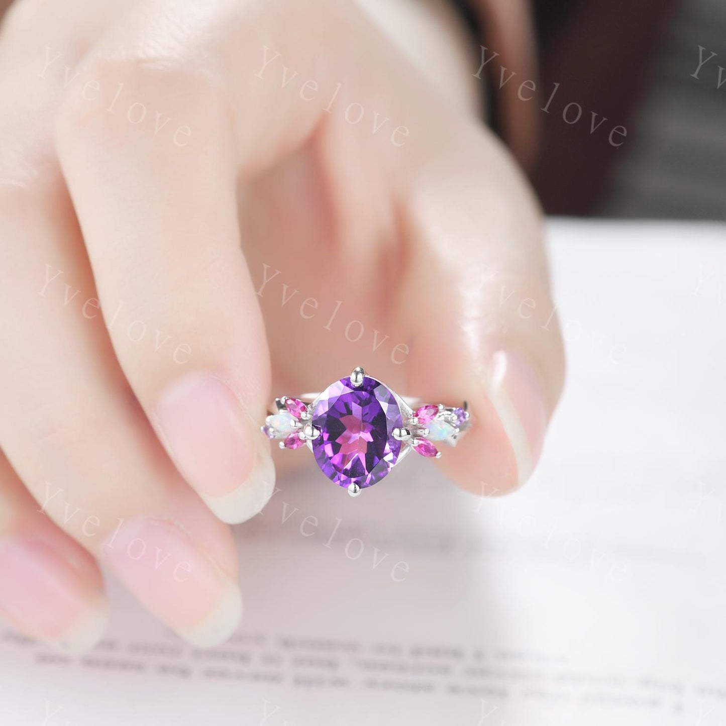 9x11mm Oval Amethyst Engagement Ring,14K White Gold,Vintage Vines Red Ruby Opal Ring,Women Bridal Ring,Unique Twig Anniversary Promise Gift