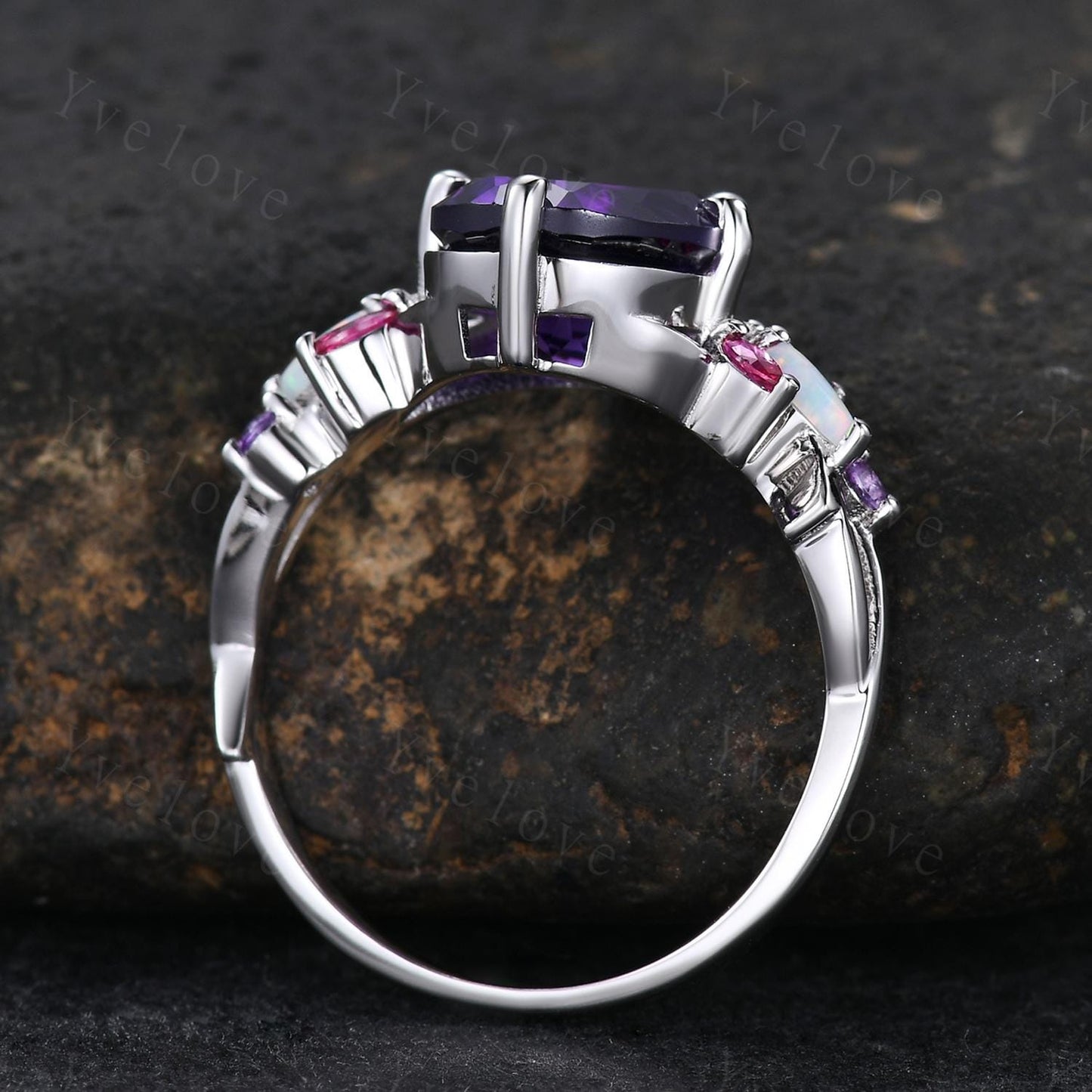 9x11mm Oval Amethyst Engagement Ring,14K White Gold,Vintage Vines Red Ruby Opal Ring,Women Bridal Ring,Unique Twig Anniversary Promise Gift