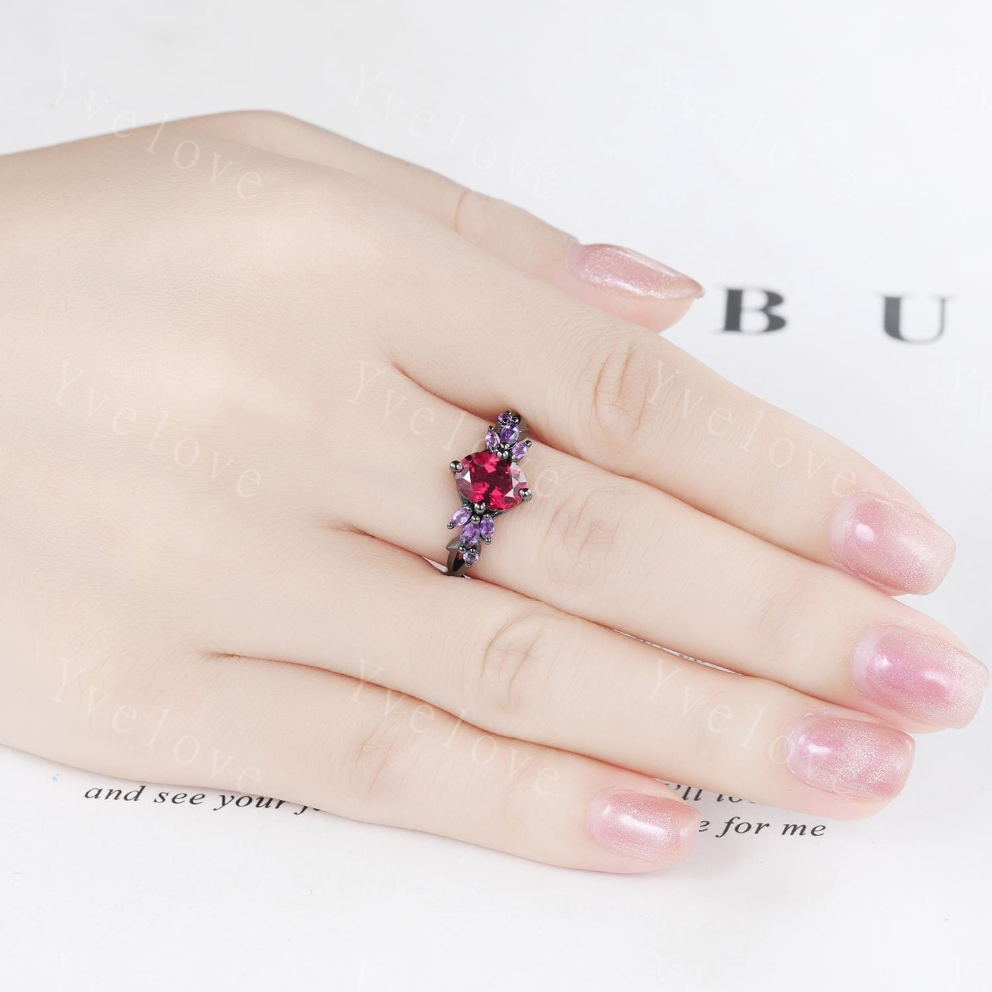 6x8mm Oval Red Garnet Engagement Ring,14K Black Gold,Vintage Vines Amethyst Ring,Women Bridal Ring,Unique Twig Anniversary Promise Gift