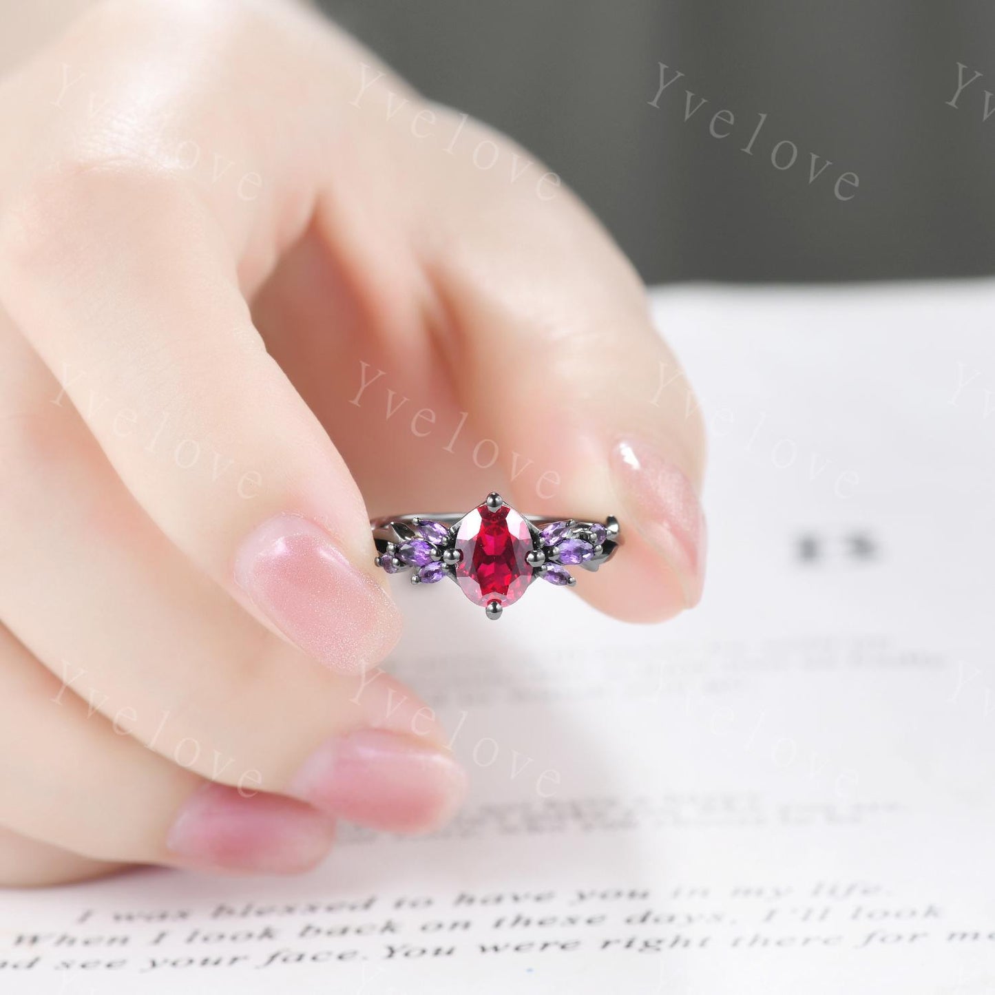 6x8mm Oval Red Garnet Engagement Ring,14K Black Gold,Vintage Vines Amethyst Ring,Women Bridal Ring,Unique Twig Anniversary Promise Gift