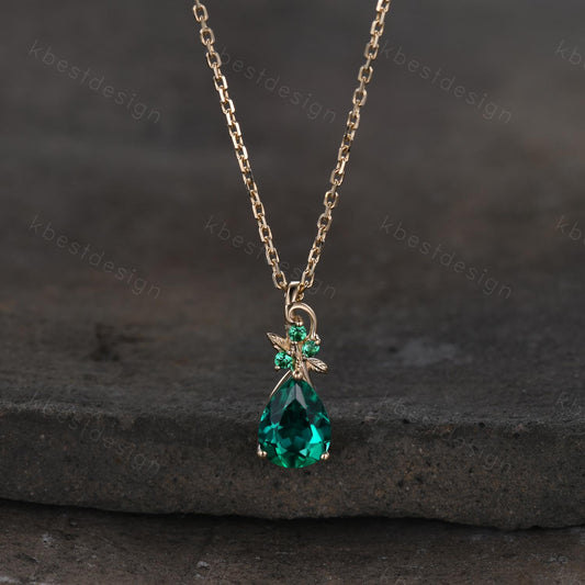 Nature inspired emerald necklace vintage women solid gold necklace unique leaf emerald pendant art deco pear cut pendant bridal promise gift