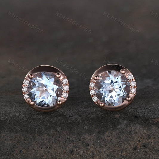 Round Aquamarine Earrings,  Aquamarine Birthstone Stud Earrings, Rose Gold Earrings, Genuine Aquamarine Earrings, March Birthstone Earrings
