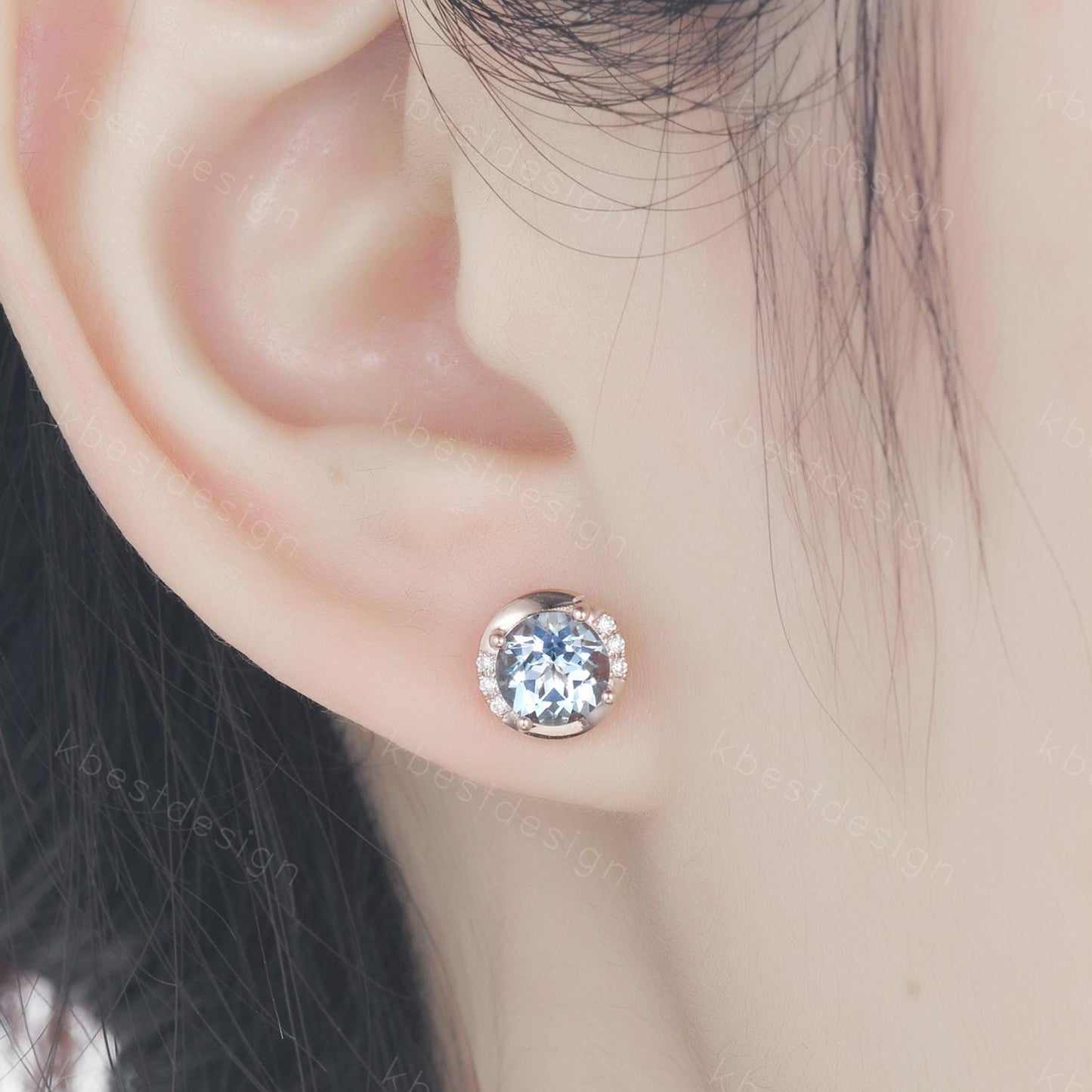 Round Aquamarine Earrings,  Aquamarine Birthstone Stud Earrings, Rose Gold Earrings, Genuine Aquamarine Earrings, March Birthstone Earrings