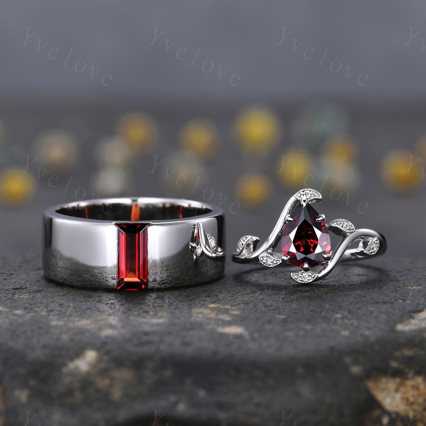 Vintage Red Garnet Couple Rings His and Hers Wedding Band Nature Inspired Garnet Couple Ring Set Sterling Silver Bridal Ring Promise Gift