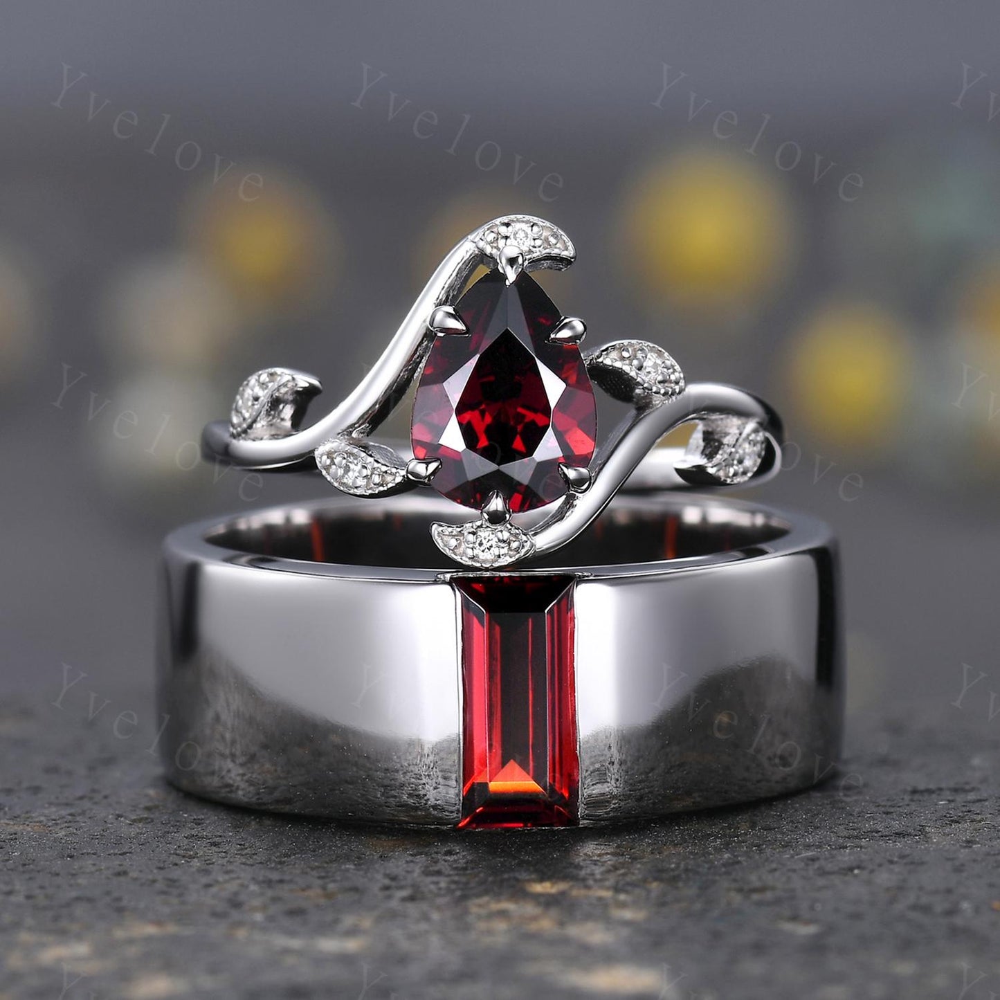 Vintage Red Garnet Couple Rings His and Hers Wedding Band Nature Inspired Garnet Couple Ring Set Sterling Silver Bridal Ring Promise Gift