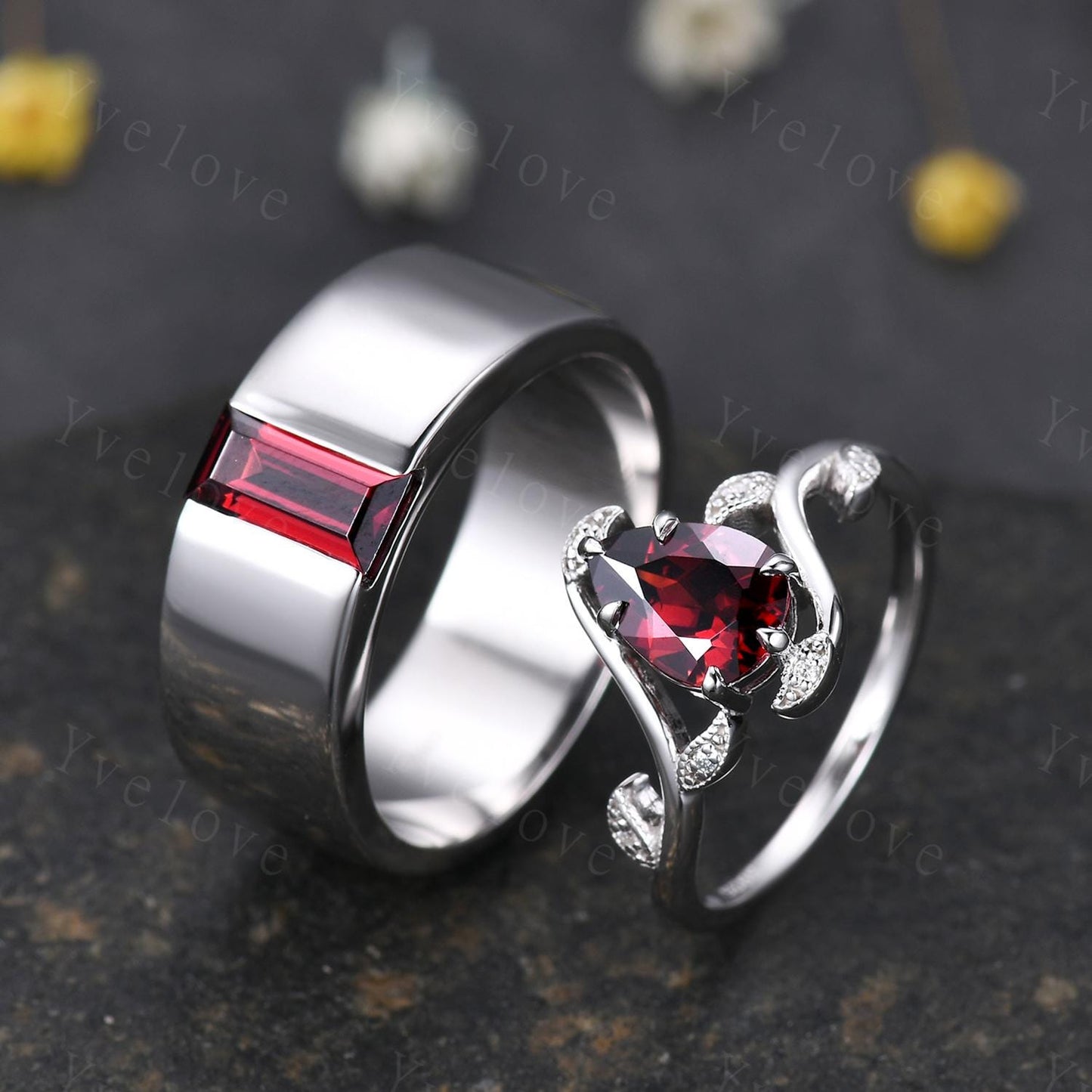 Vintage Red Garnet Couple Rings His and Hers Wedding Band Nature Inspired Garnet Couple Ring Set Sterling Silver Bridal Ring Promise Gift