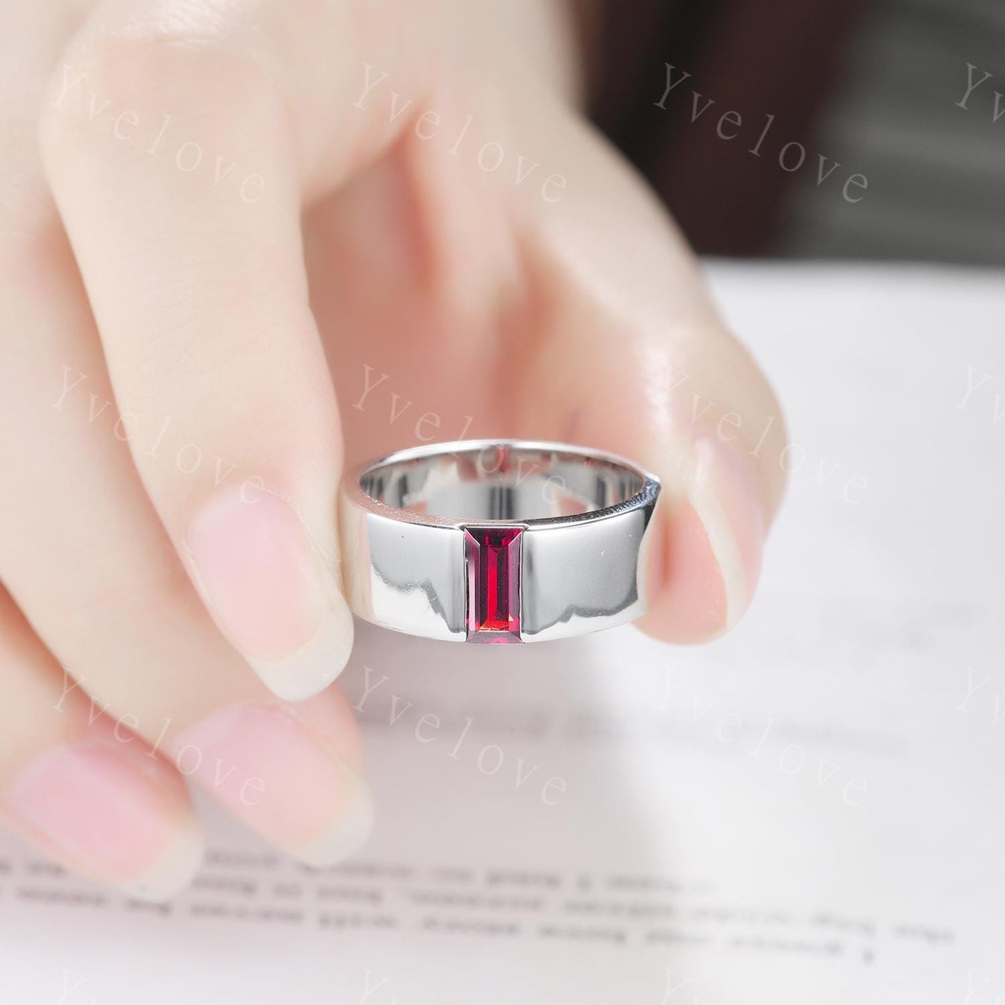8mm Mens Garnet Wedding Band Baguette Red Garnet Band White Gold Ring Mens Plain Stacking Matching Band Retro Vintage Ring Mens For Gift