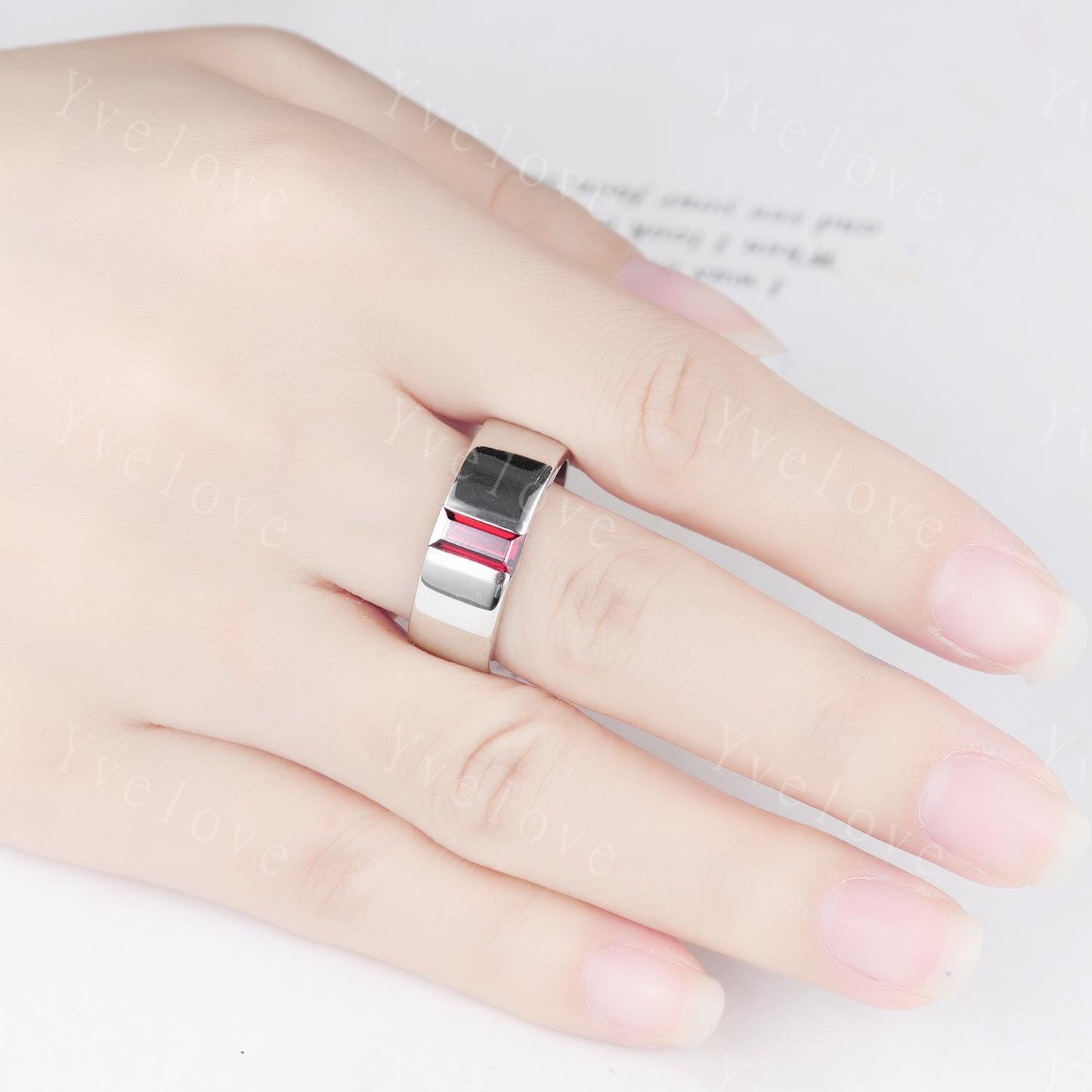 8mm Mens Garnet Wedding Band Baguette Red Garnet Band White Gold Ring Mens Plain Stacking Matching Band Retro Vintage Ring Mens For Gift