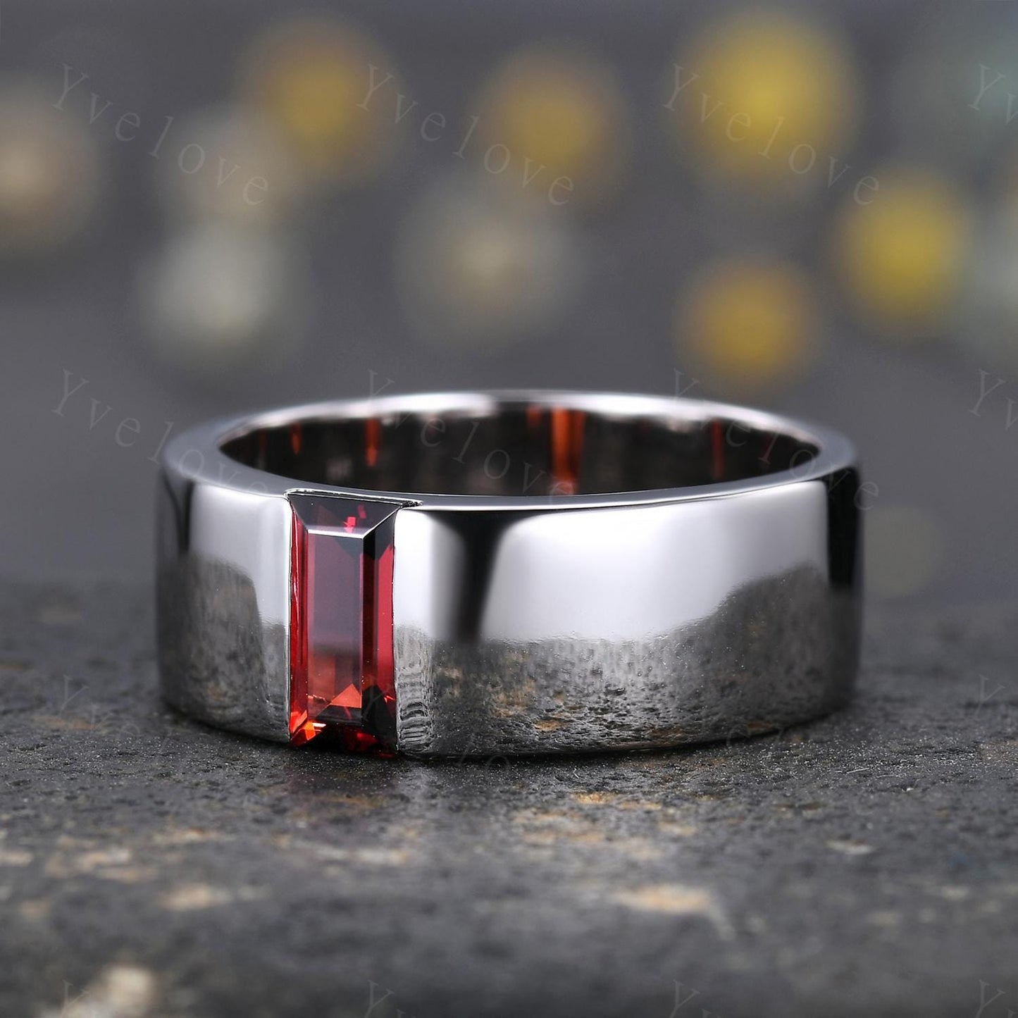 8mm Mens Garnet Wedding Band Baguette Red Garnet Band White Gold Ring Mens Plain Stacking Matching Band Retro Vintage Ring Mens For Gift