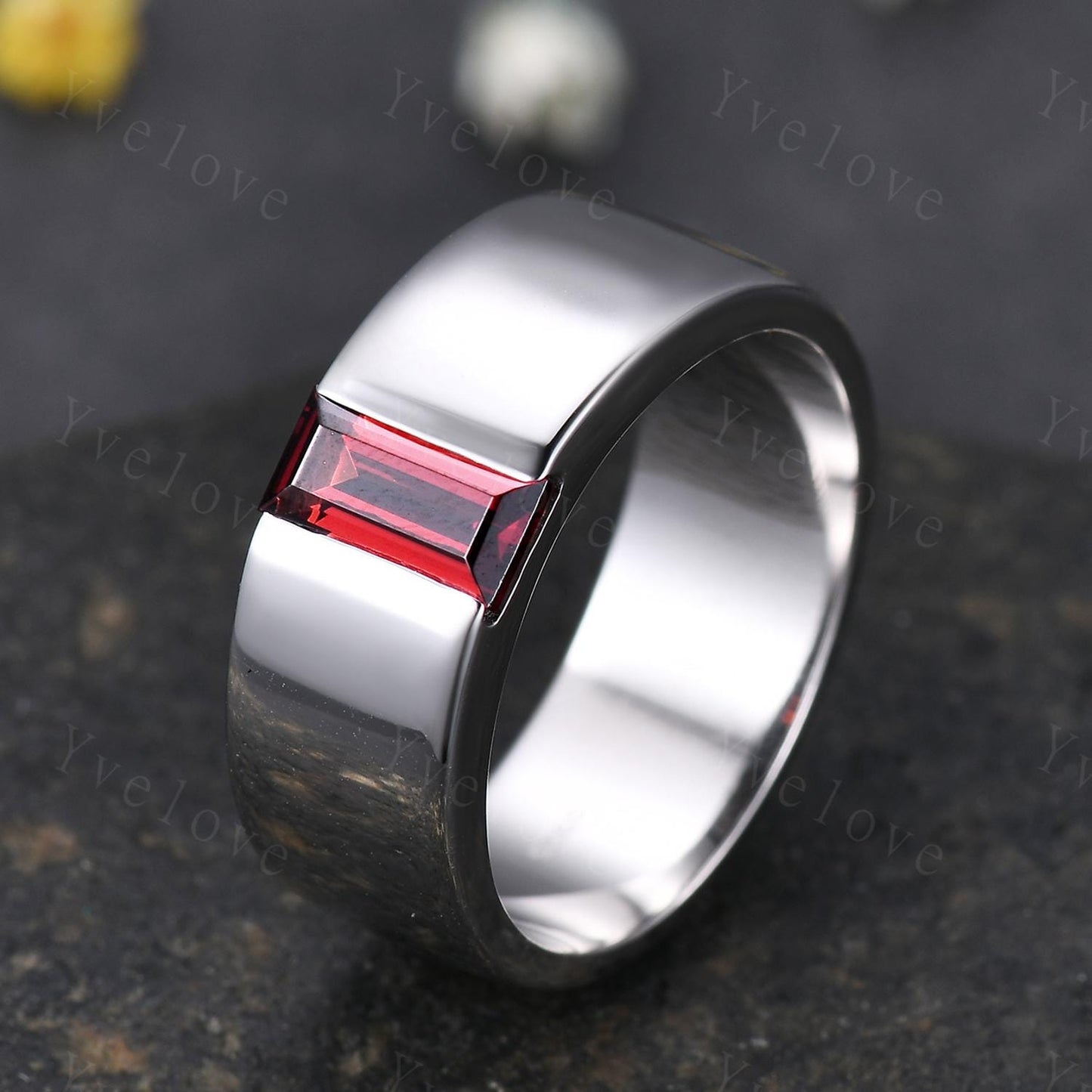 8mm Mens Garnet Wedding Band Baguette Red Garnet Band White Gold Ring Mens Plain Stacking Matching Band Retro Vintage Ring Mens For Gift