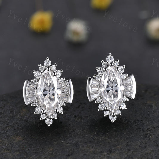 Art deco marquise lab created diamond earrings,Handmade halo earrings,CVD Diamond bridal unique studs earrings anniversary gift for her