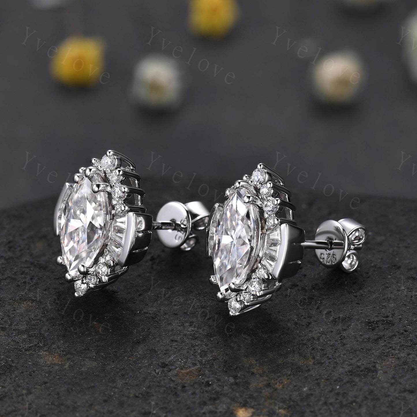 Art deco marquise cut moissanite earrings,Handmade halo earrings,Diamond bridal unique studs earrings anniversary gift for her birthday gift