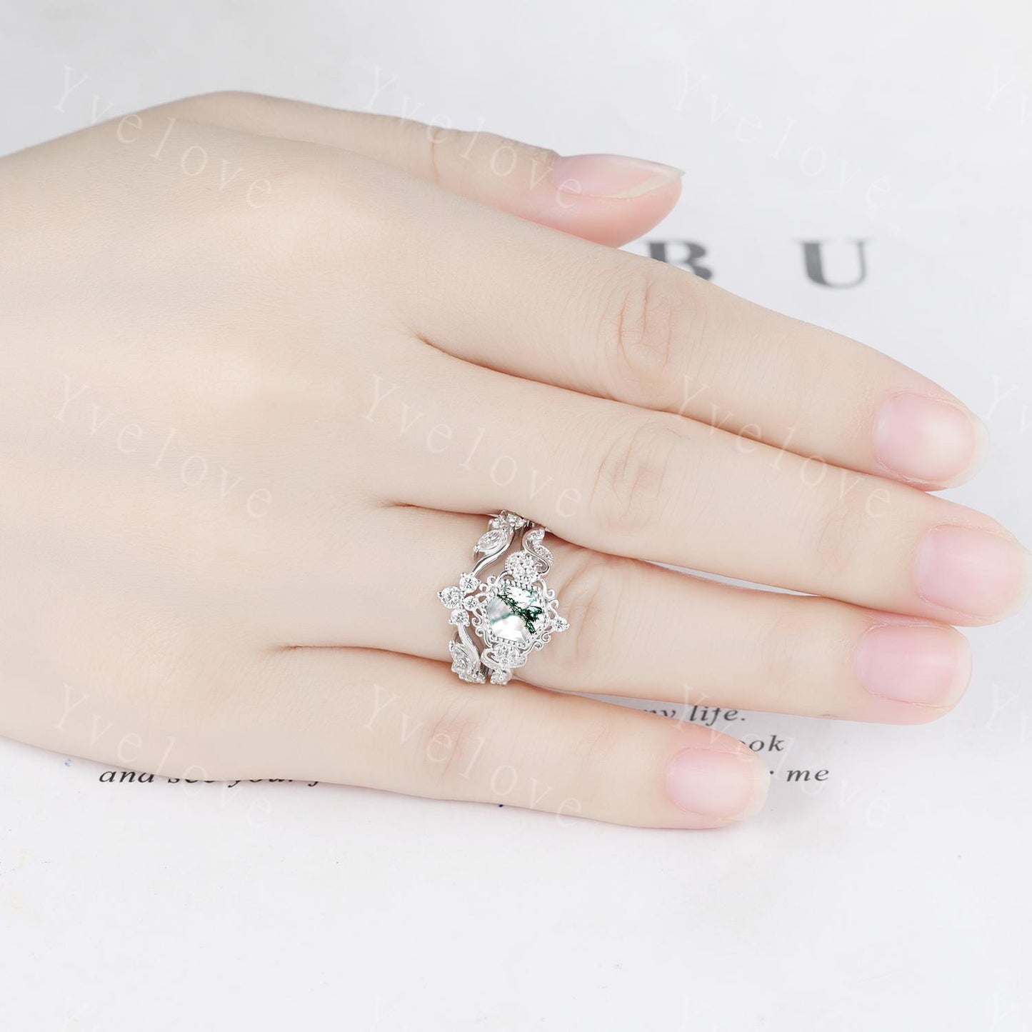 Unique Hexagon Moss Agate Engagement Ring 14K White Gold Ring Leaf Ring Vintage Diamond Ring Bridal Set Cluster Ring Promise Ring for Women