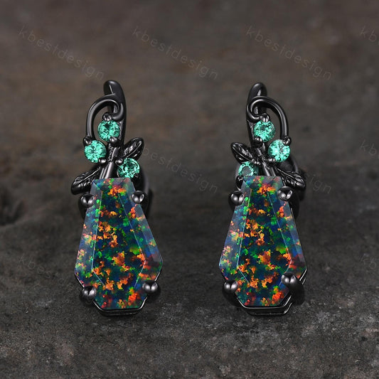 Black Fire Opal earrings women black gold earring studs Nature inspired coffin cut earrings art deco emerald studs anniversary gift for her