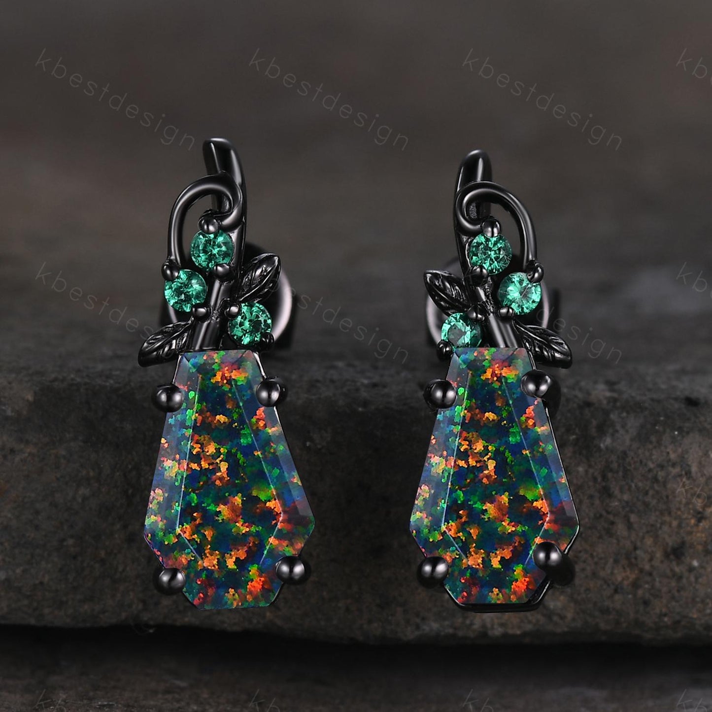 Black Fire Opal earrings women black gold earring studs Nature inspired coffin cut earrings art deco emerald studs anniversary gift for her