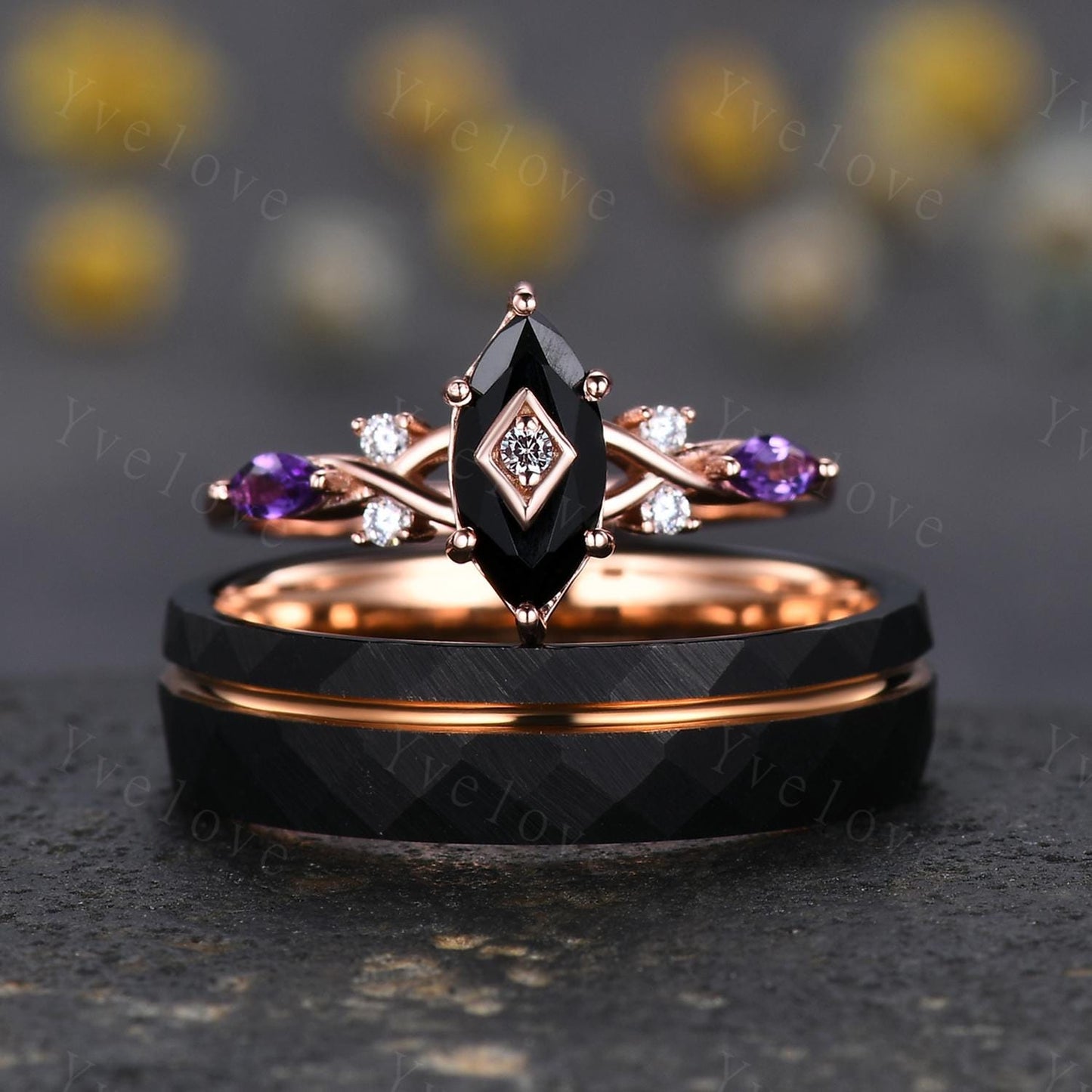 Unique Black Onyx Couples Ring Set Tungsten Rose Gold Matching Wedding Band Set Black Onyx Amethyst Engagement Ring Gift For Men For Women