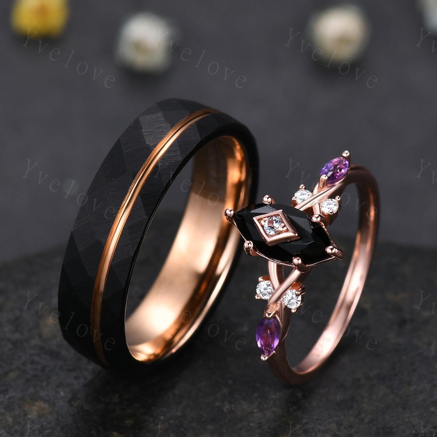 Unique Black Onyx Couples Ring Set Tungsten Rose Gold Matching Wedding Band Set Black Onyx Amethyst Engagement Ring Gift For Men For Women