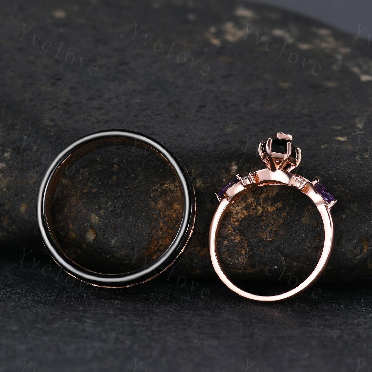 Unique Black Onyx Couples Ring Set Tungsten Rose Gold Matching Wedding Band Set Black Onyx Amethyst Engagement Ring Gift For Men For Women