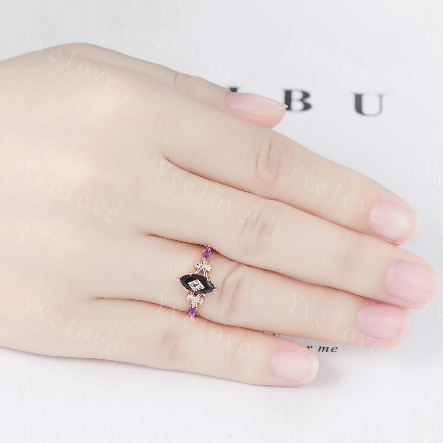 Unique Black Onyx Couples Ring Set Tungsten Rose Gold Matching Wedding Band Set Black Onyx Amethyst Engagement Ring Gift For Men For Women